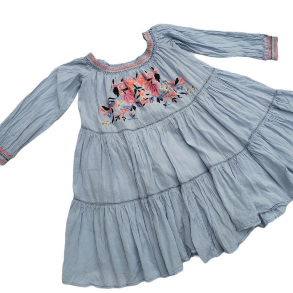 FREE PEOPLE Sunbeams Mini Dress Light Blue Smocked Embroidered Medium Boho